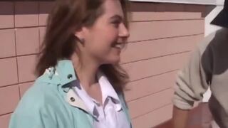 Brunette milf gets shaved pussy licked on couch