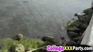 A sexy blonde college slut sucks cock in public and gets her wet pussy banged