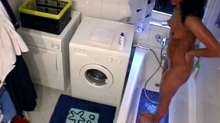 Slutty black chick takes white cock in bathroom