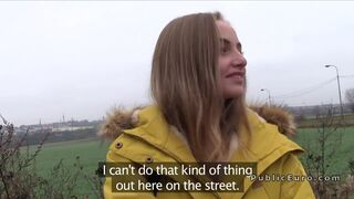 Busty amateur bangs for money in public