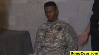 Babes in cop uniforms flaunt huge boobs and get fucked by fake black soldier