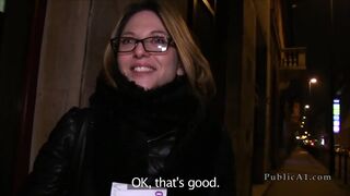 Brunette amateur sucks huge cock in public