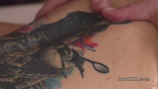 Tattooed natural busty babe sucks masseurs cock