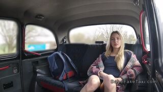 Blonde beauty licking female fake taxi driver