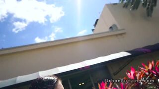 Student with money fucks huge tits babe in public