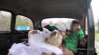 Two angels threesome fuck in fake taxi