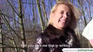 Slutty blonde babe fucks a stranger in the forest