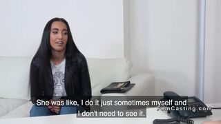 Long raven haired model licks female agent