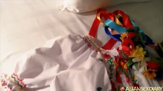 Asian Ukraine resident in costume explored and fed cock