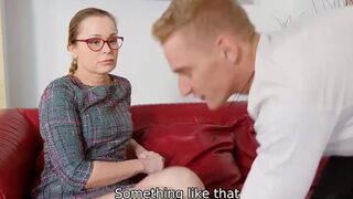 TUTOR4K. Heartbreaker fucks physics tutor's shaved pussy on red couch