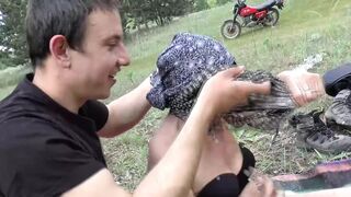 Skillful German granny making a young dude happy in the field