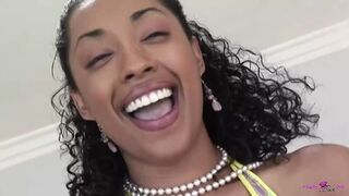 Charismatic Black Cutie Obliges to Ride White Big Cock in Reverse Cowgirl Position